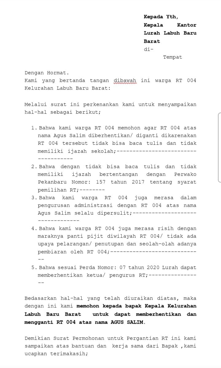 Lurah Labuh Baru Barat Diduga Kecolongan Langgar Perwako Angkat Ketua RT 04 yang Tak Bisa Baca Tulis dan Tak lulus SD.