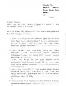 Lurah Labuh Baru Barat Diduga Kecolongan Langgar Perwako Angkat Ketua RT 04 yang Tak Bisa Baca Tulis dan Tak lulus SD.