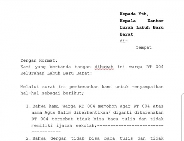 Lurah Labuh Baru Barat Diduga Kecolongan Langgar Perwako Angkat Ketua RT 04 yang Tak Bisa Baca Tulis dan Tak lulus SD.